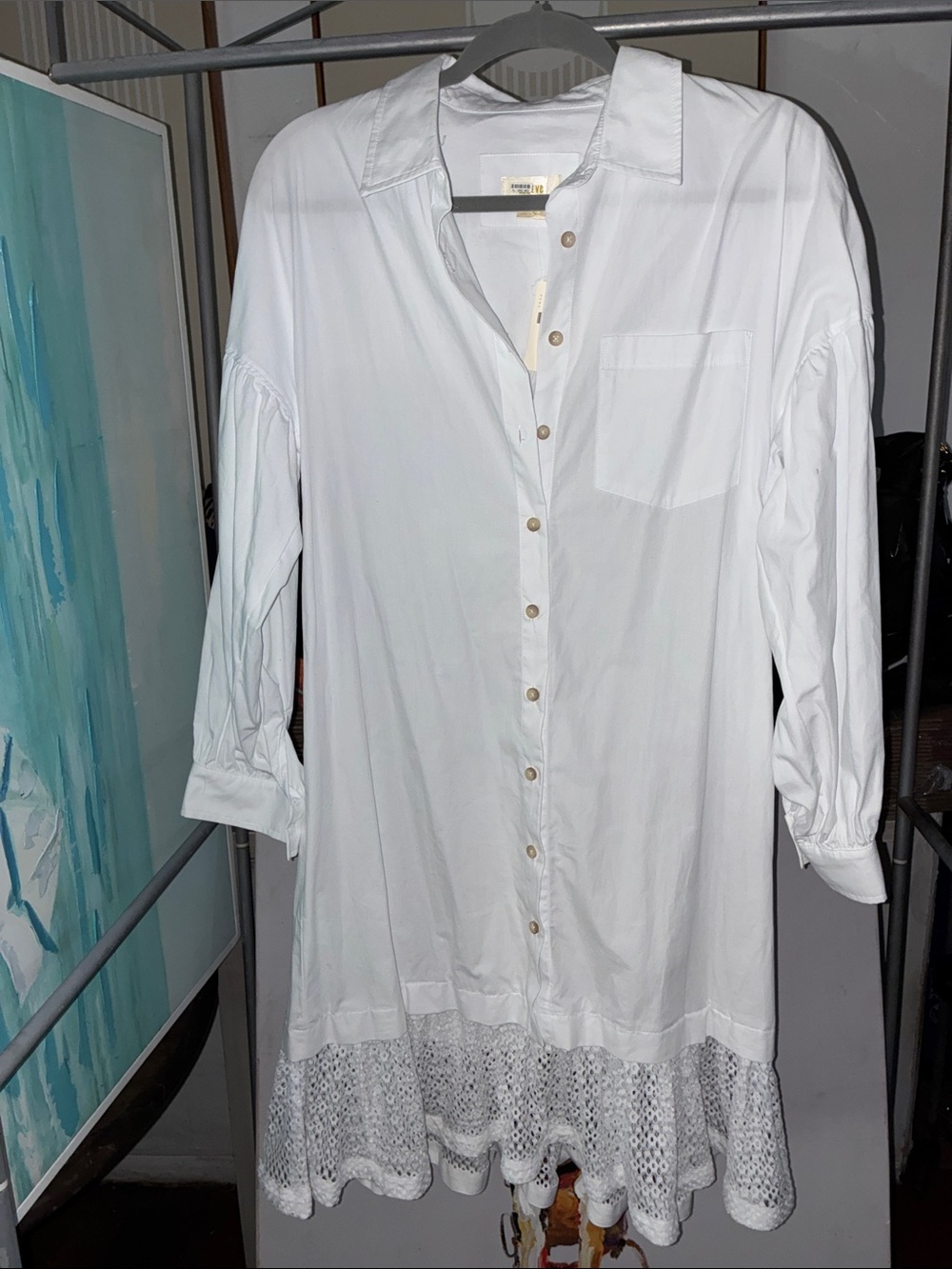Anthropologie White Long-Sleeve Button-Down Dress with Crochet Hem